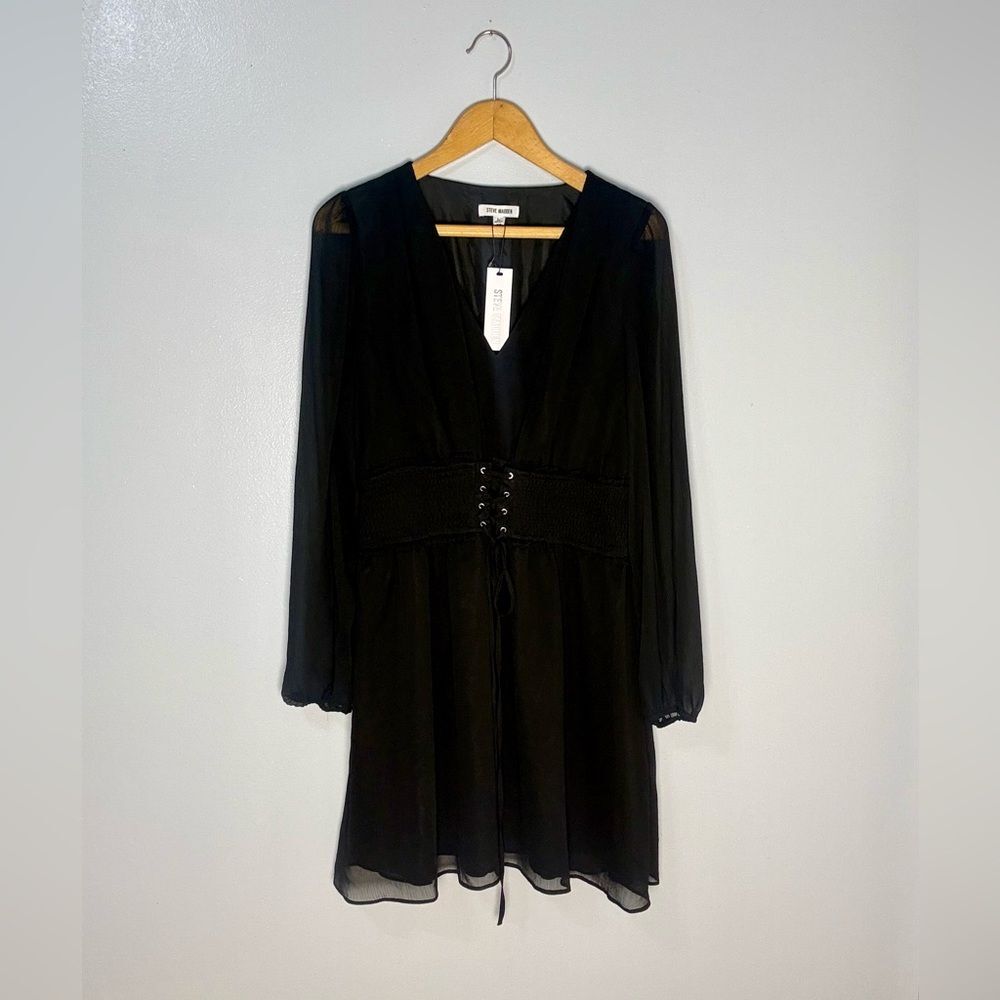NEW Steve Madden Lace-Up Long Sleeve Chiffon Minidress Black | L